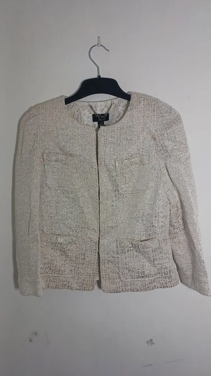 ​Ted Baker Beige Glittering Tweed Collarless Jacket - Lace Detail | Size 3 / UK 12