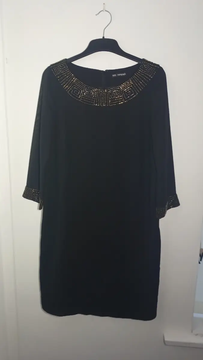 ​Marks & Spencer Autograph Black Shift Dress | Gold Beaded Neckline & Sheer Sleeves | UK Size 12