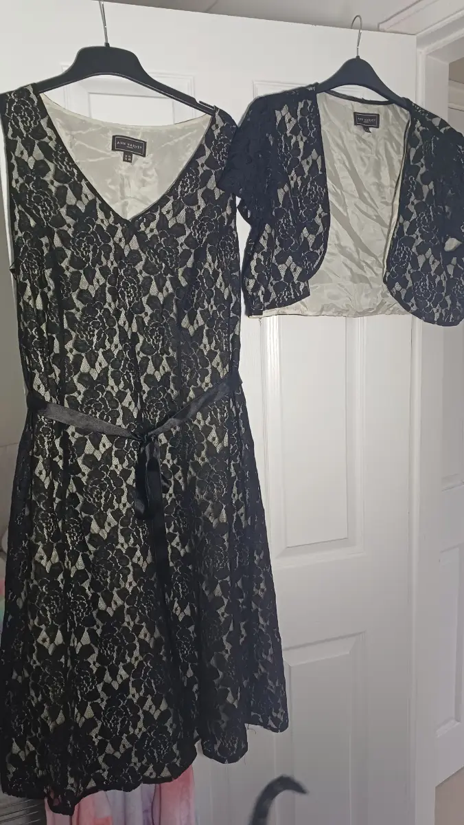 Ann Harvey London Black Lace 2 Piece Occasion Dress & Bolero Jacket Set UK 22 |