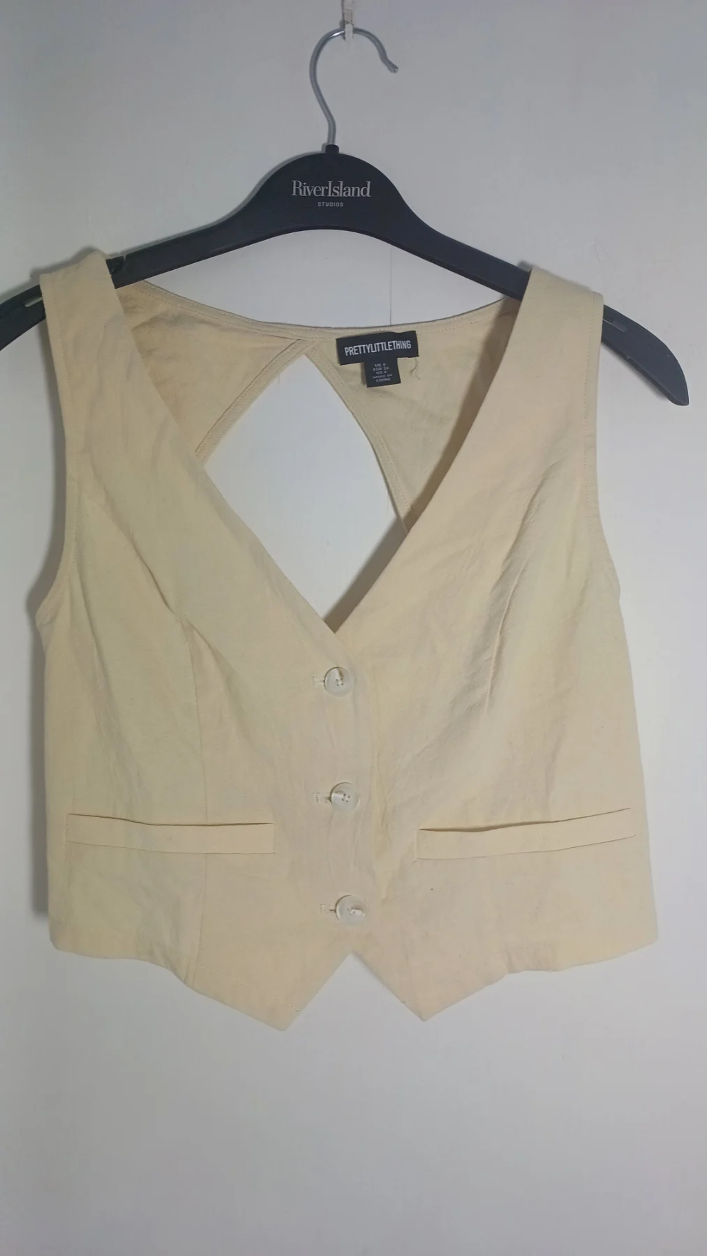 PrettyLittleThing Cream Linen-Look Open Back Cropped Waistcoat Vest - UK 8 / EU 36 / US 4