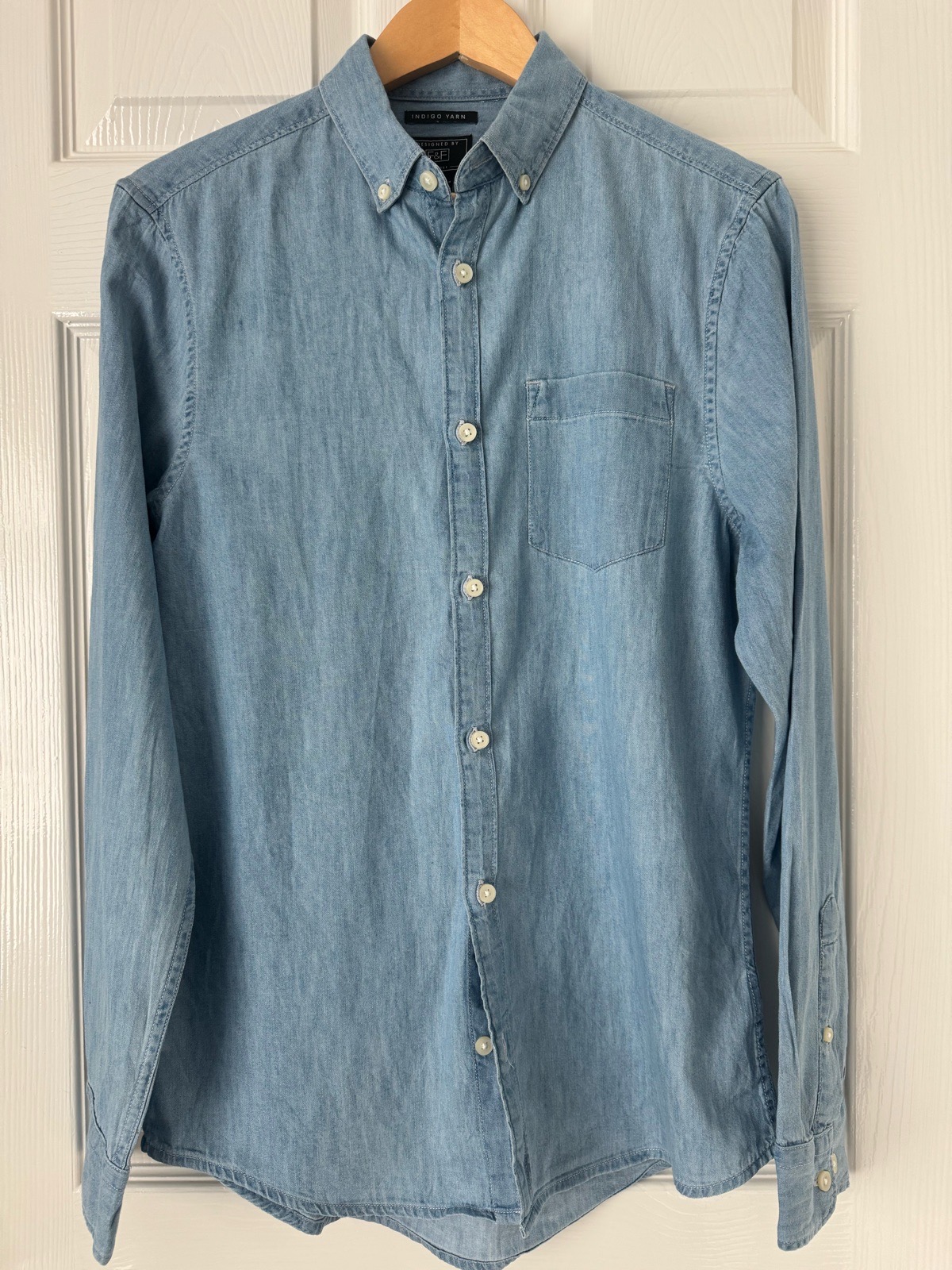 F&F Indigo Yarn Men’s S Regular Fit Blue Denim Long Sleeve Button-Up Shirt 1324