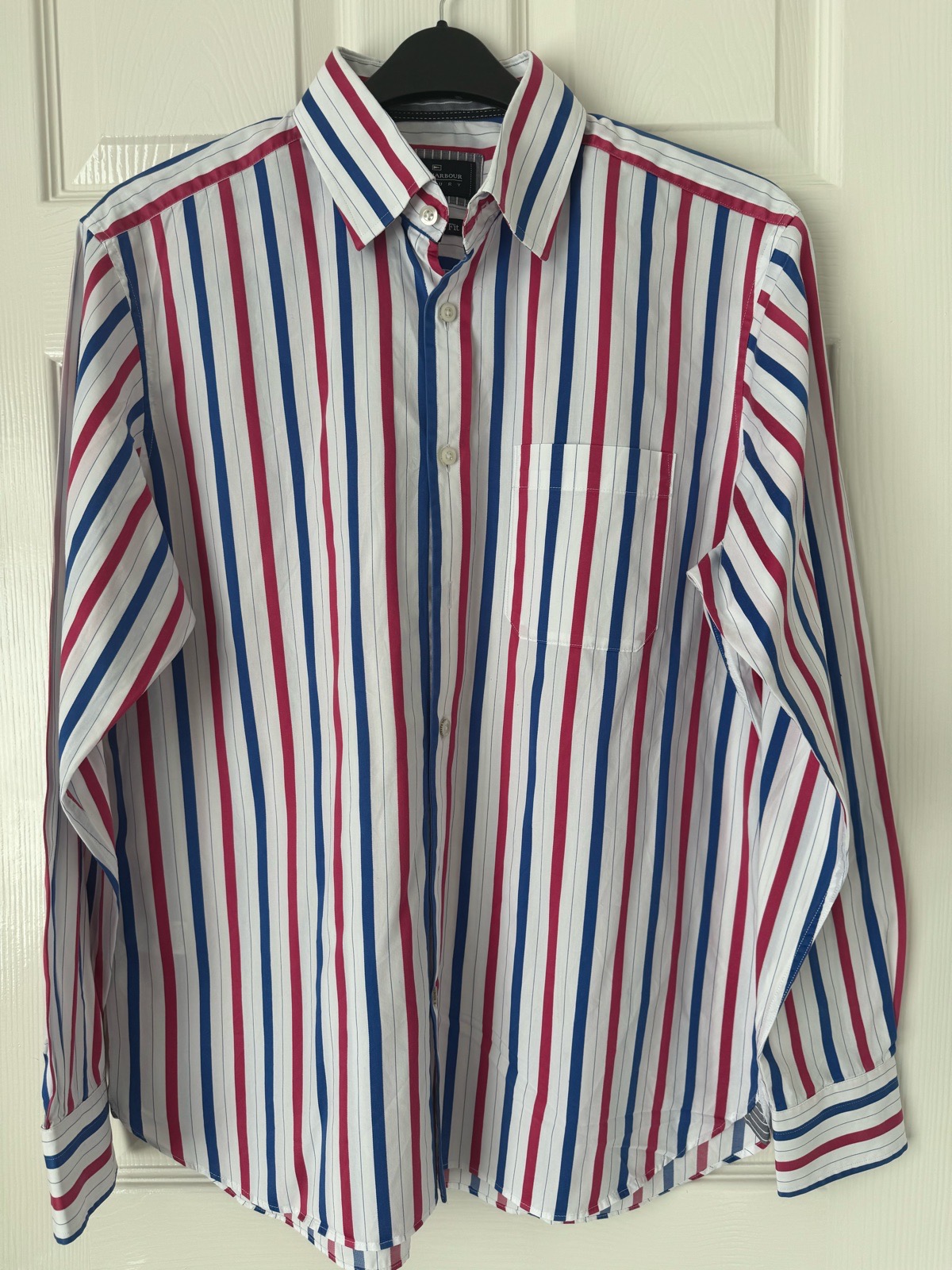 Blue Harbour Men’s White/Red/Blue Stripped Long Sleeves Regular Fit Shirt Size L 1334