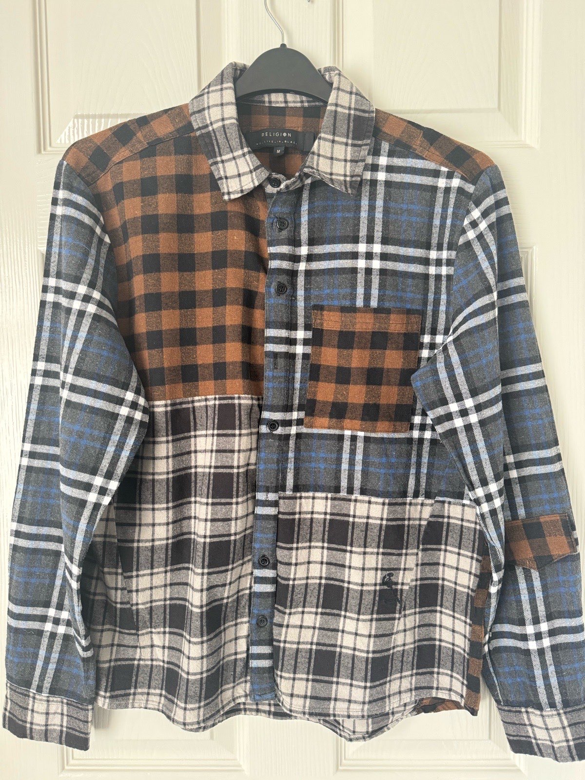 Religion Men’s Checked Shirt Blue Cream Brown Long Sleeve Button Up Size M 1320