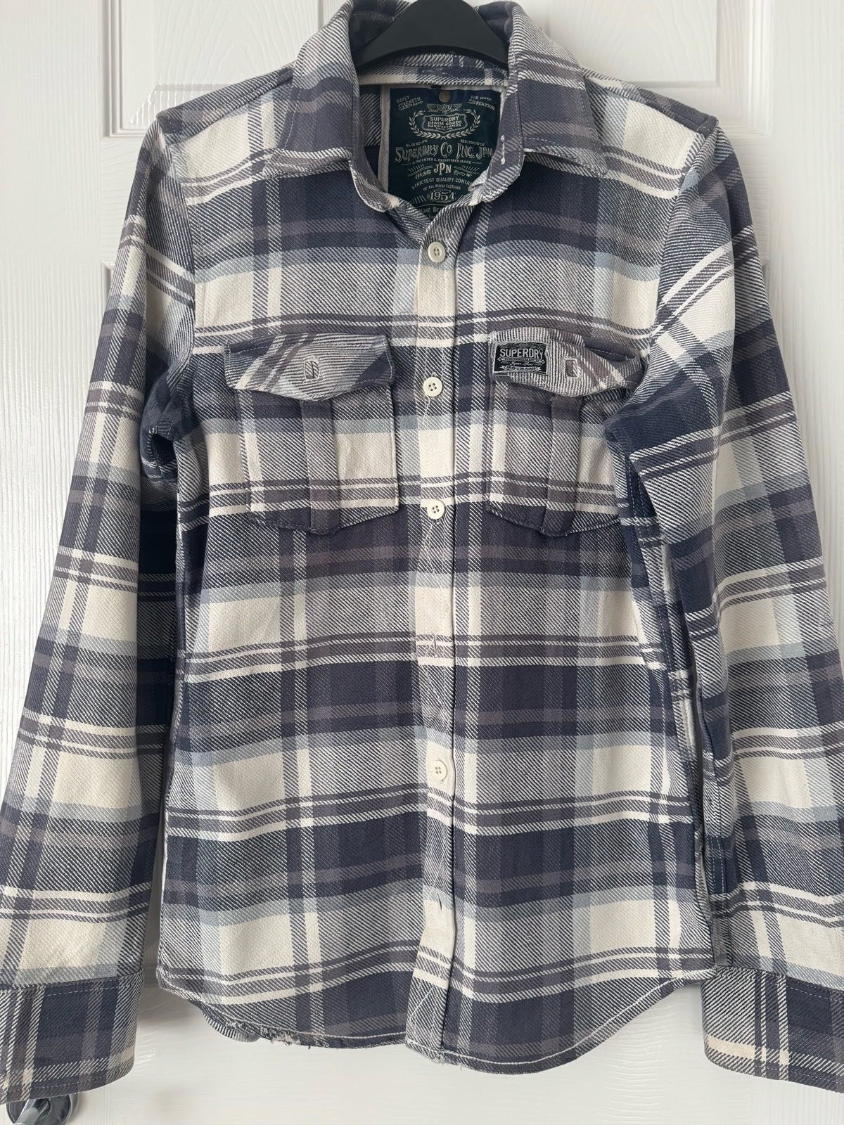 Superdry Men’s Size S Regular Fit Flannel Cotton Shirt Grey/White Pocket 1330A