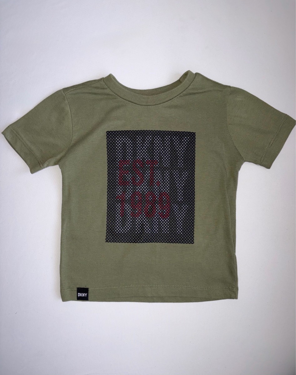 DKNY Boys Khaki Green T-shirt Summer Holiday Top Toddler Clothes Age 4