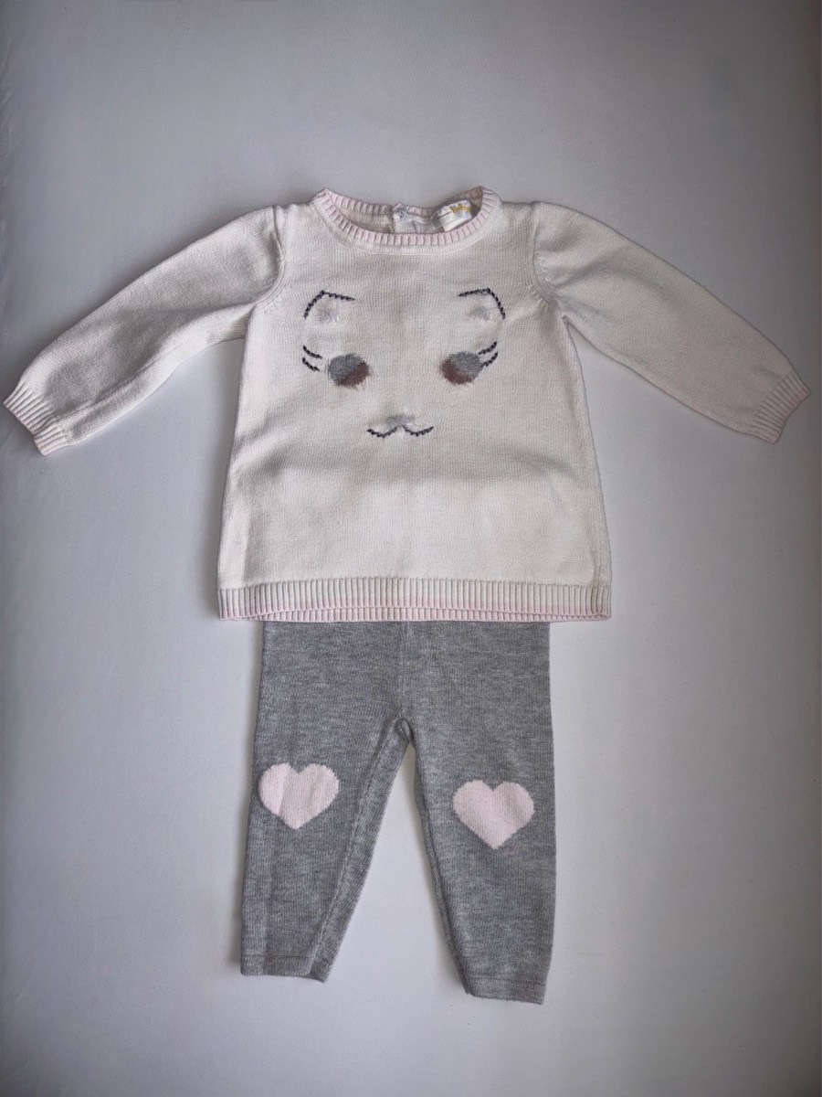 Vintage Bloomies Baby Girl Cat Jumper & Leggings Knit Outfit Set 6-9 months Unique Bloomingdale’s