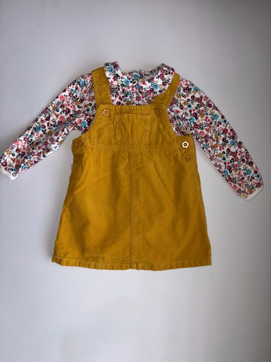 Vintage Mustard Cord Dungaree Dress Multicolour Floral Bodysuit Baby Girls Autumn Outfit 6-9 months