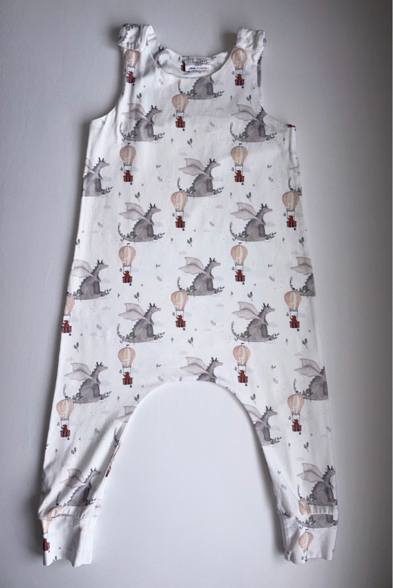 Claybear Unique Grey Dragon Dungarees Up in Clouds Print Handmade Toddler Romper 18-24 months