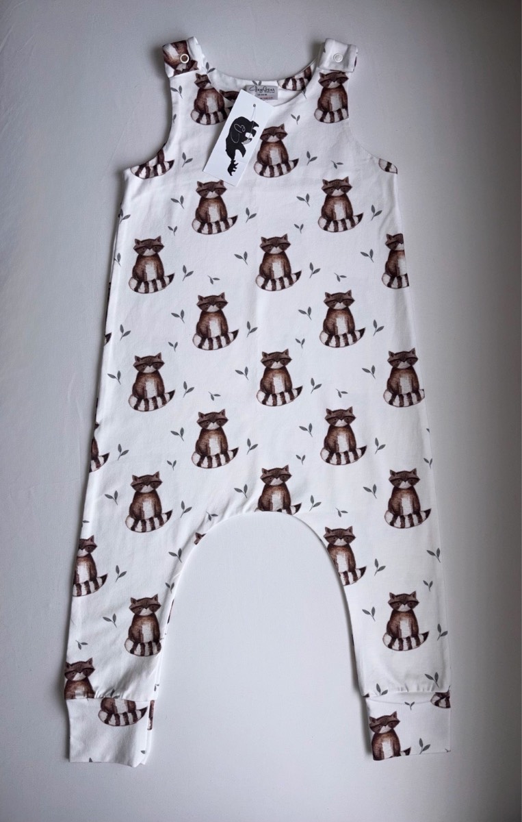 Claybear BNWT Unique Racoon Animal Print Dungarees Rare Toddler Handmade Romper 18-24 months