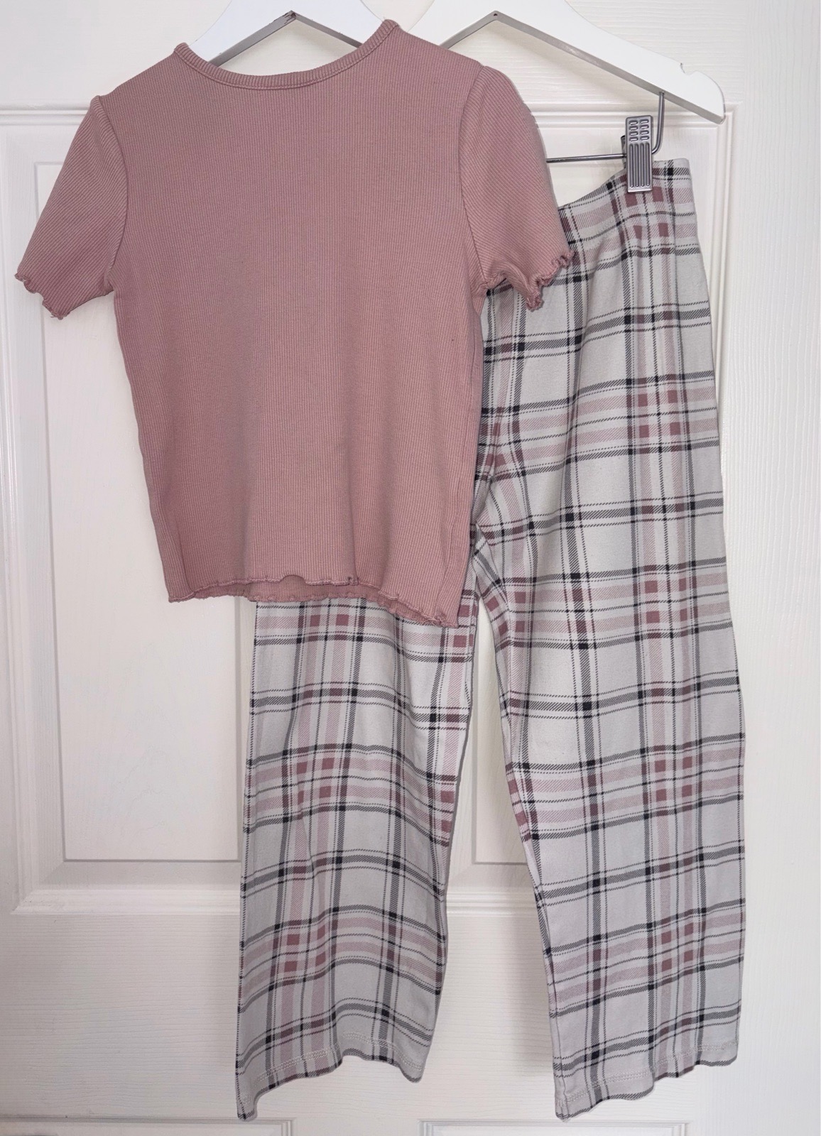 Pink Ribbed Crop Top & Check Tartan PJ Pants Girls Pyjamas Age 7-8 Sleepwear