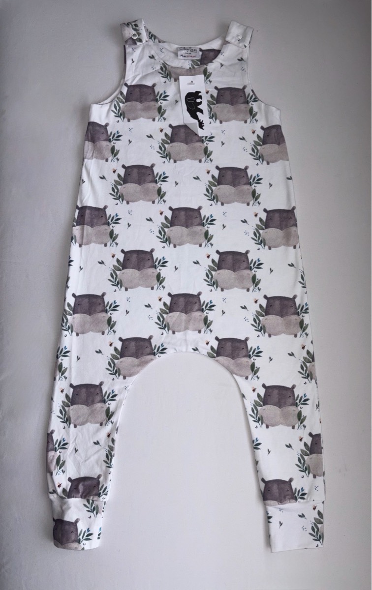 Claybear BNWT Unique Hippo Animal Print Dungarees Boys Rare Romper Age 2-3 Handmade Toddler Clothes