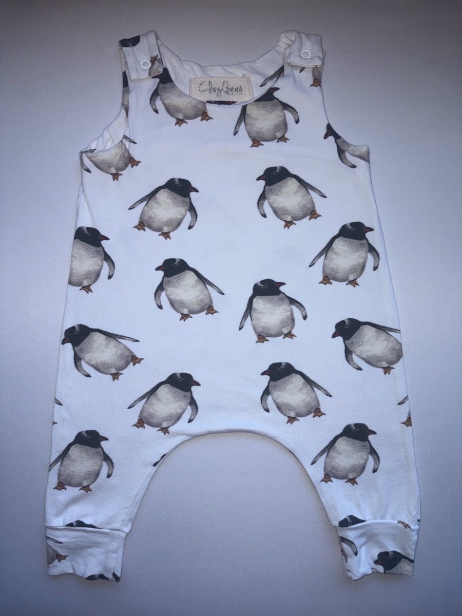 Claybear Penguin Winter Animal Romper Neutral Baby Unisex Unique Handmade Dungarees Age 6-9 months