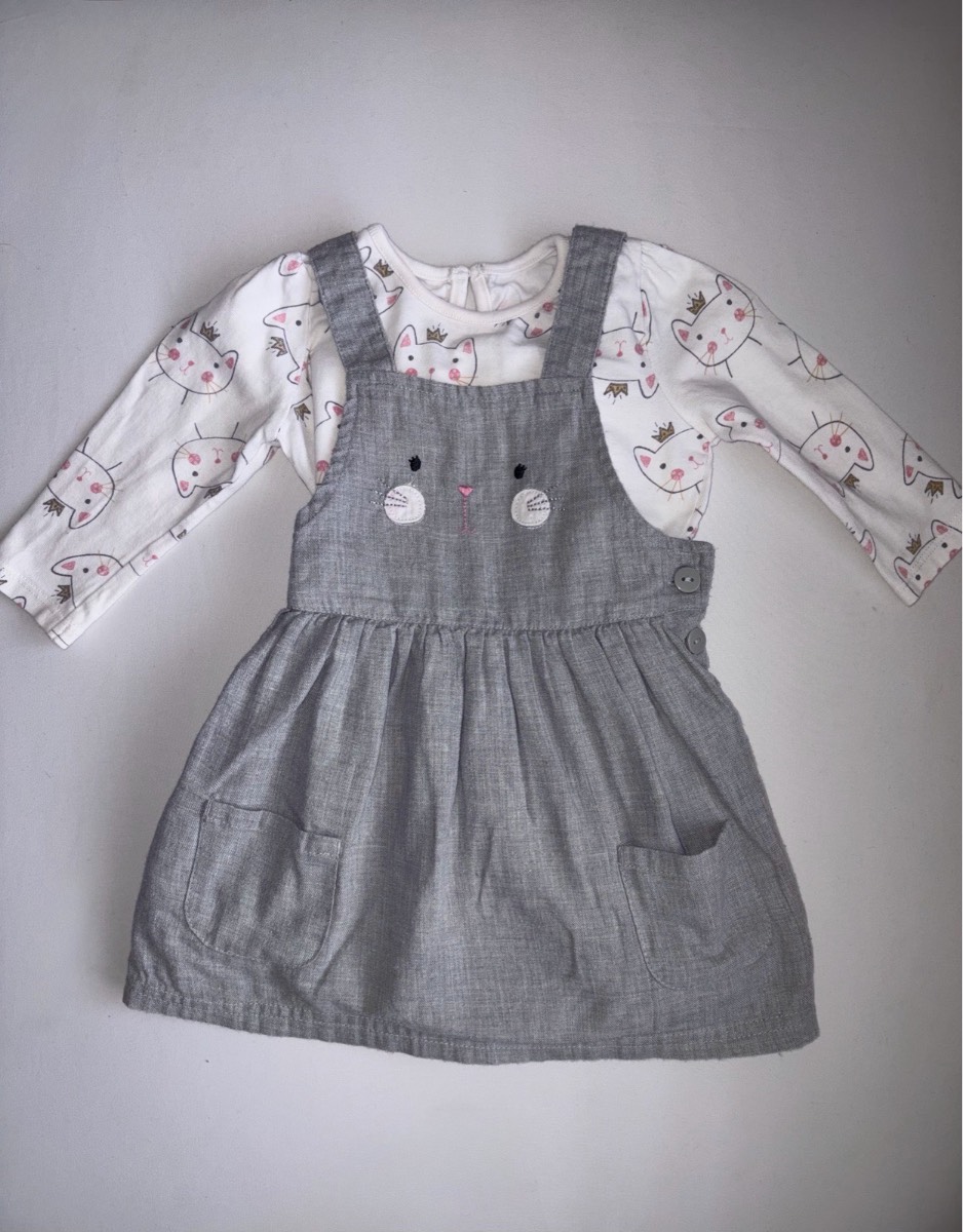 Baby Girls Grey Kitten Dungaree Pinafore Dress & Long Sleeve Cute Cat Top Outfit 9-12 Months