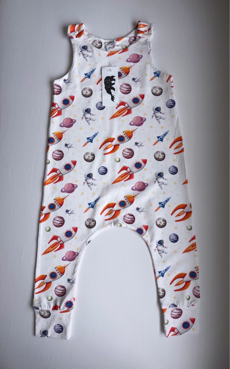 Claybear BNWT Space Rocketman Print Dungarees Unique Space Planet Print Handmade Romper 18-24 months