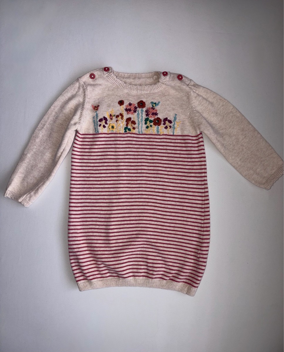 Baby Girls Stripe Knit Floral Dress Long Sleeve Autumn Winter Knitwear Age 6-9 months