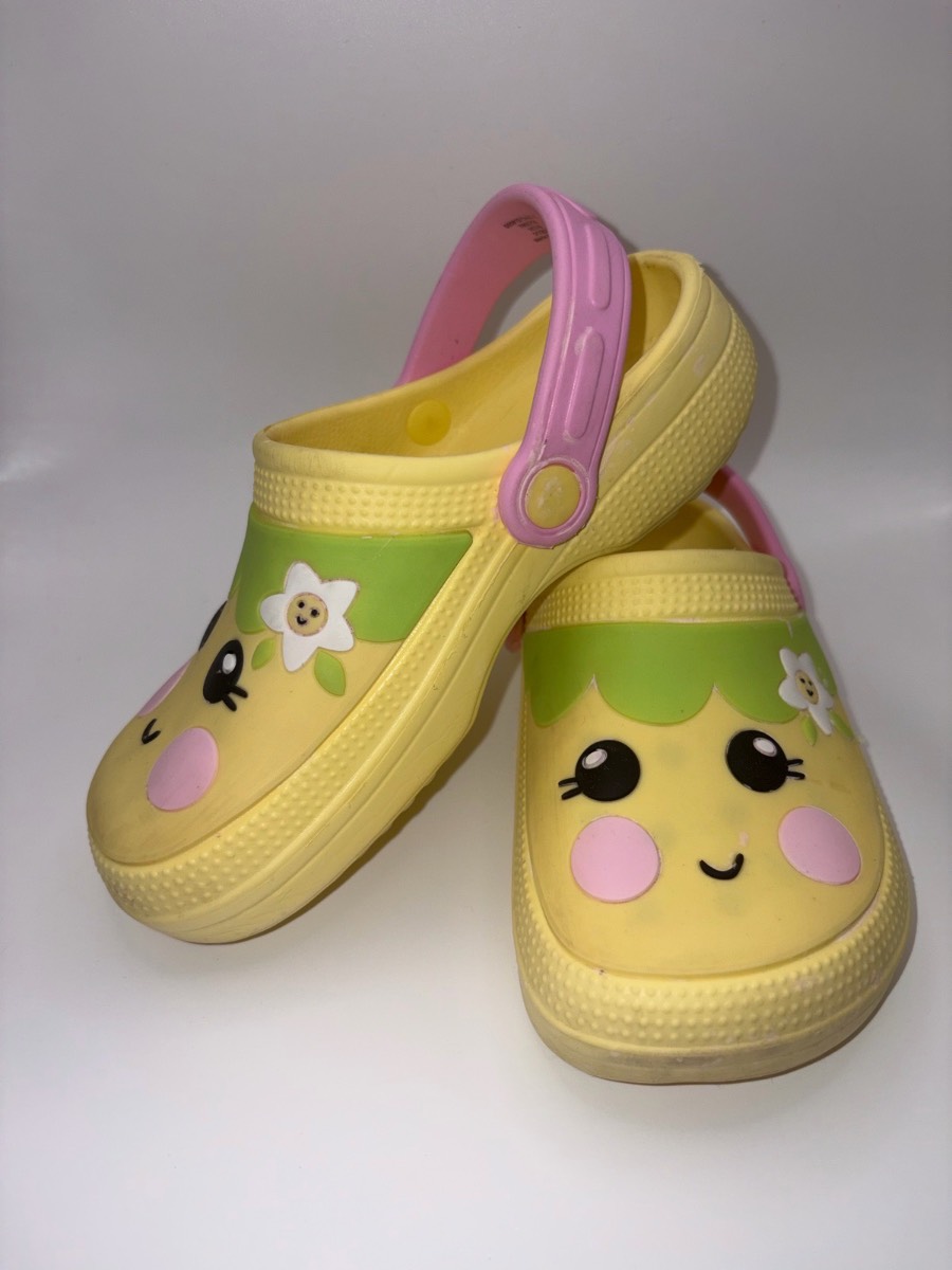 Yellow & Pink Smiley Face Girls Cute Clog Mules Summer Holiday Croc Sandals Childrens UK 12