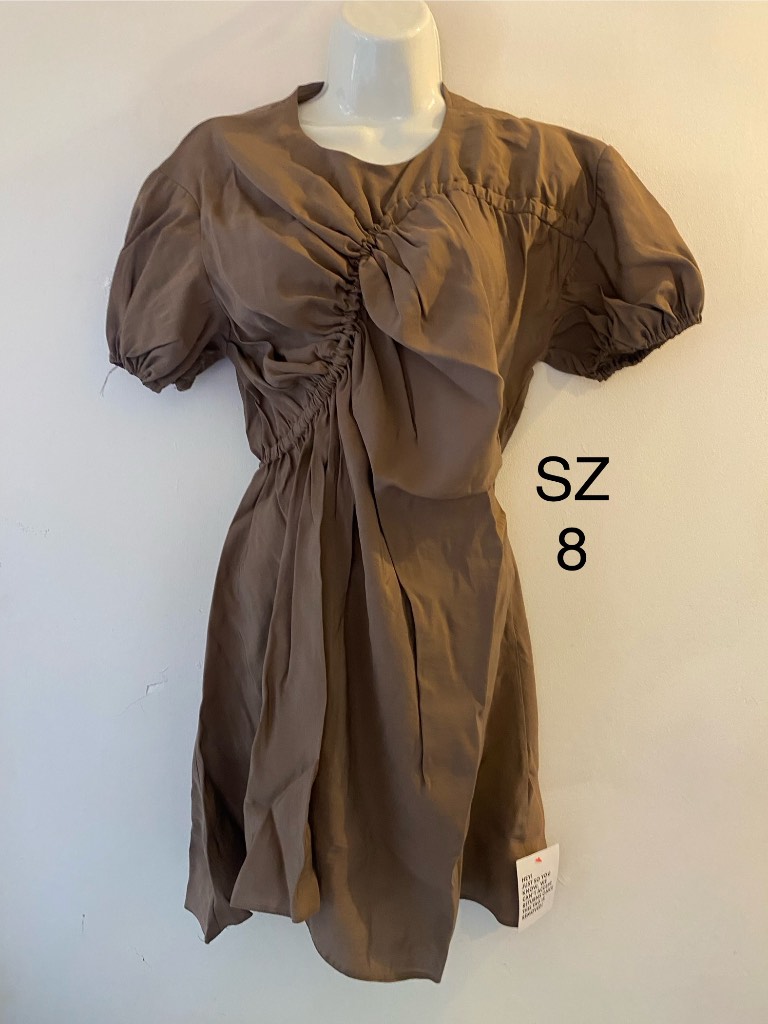 ASOS Design Mocha Beige Puff Sleeved Ruched Gathered Dress sz 8 BNWT