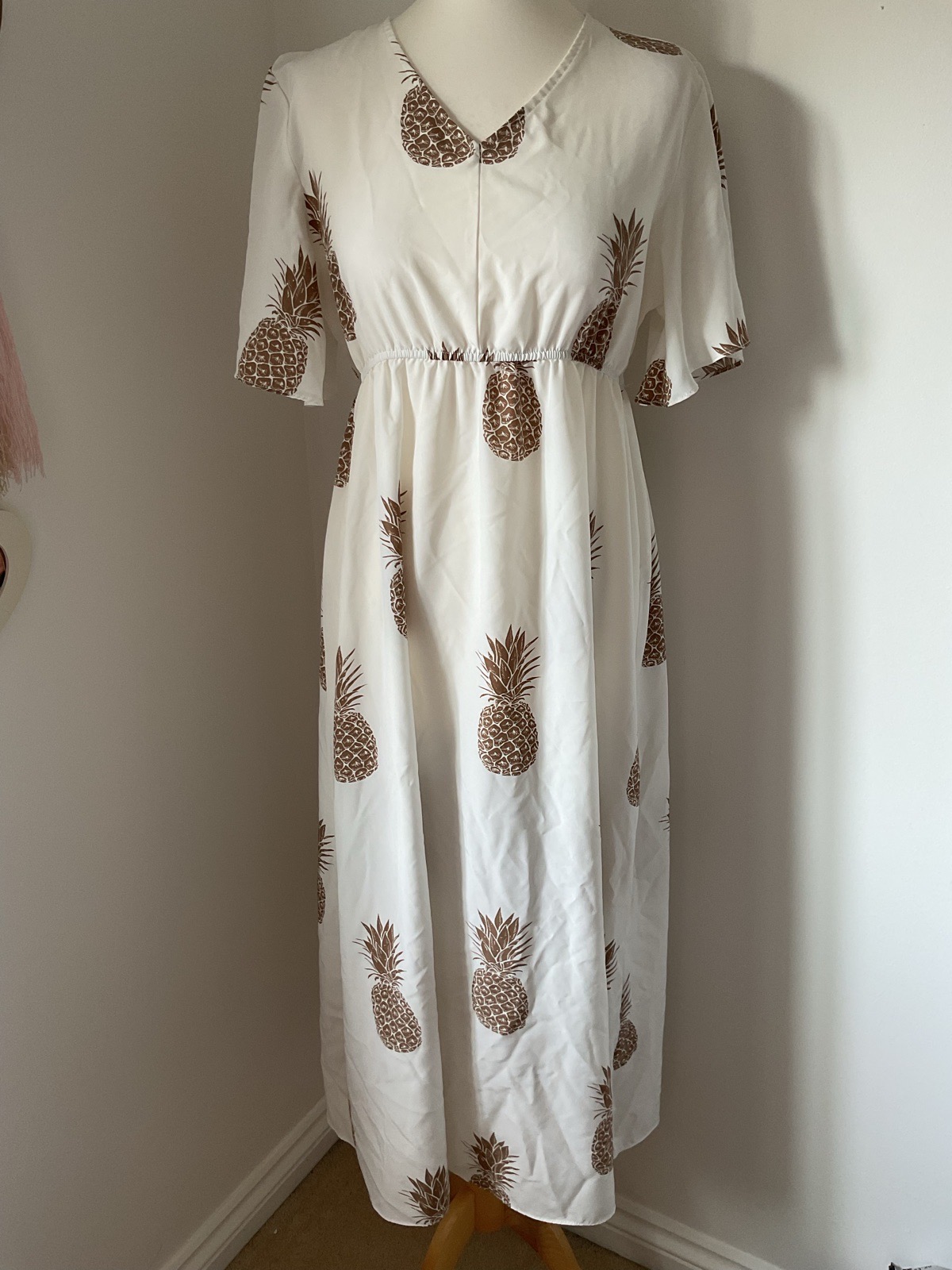 White Brown Pineapple Print Maxi Dress Short Sleeve V Neck Summer Holiday Boho