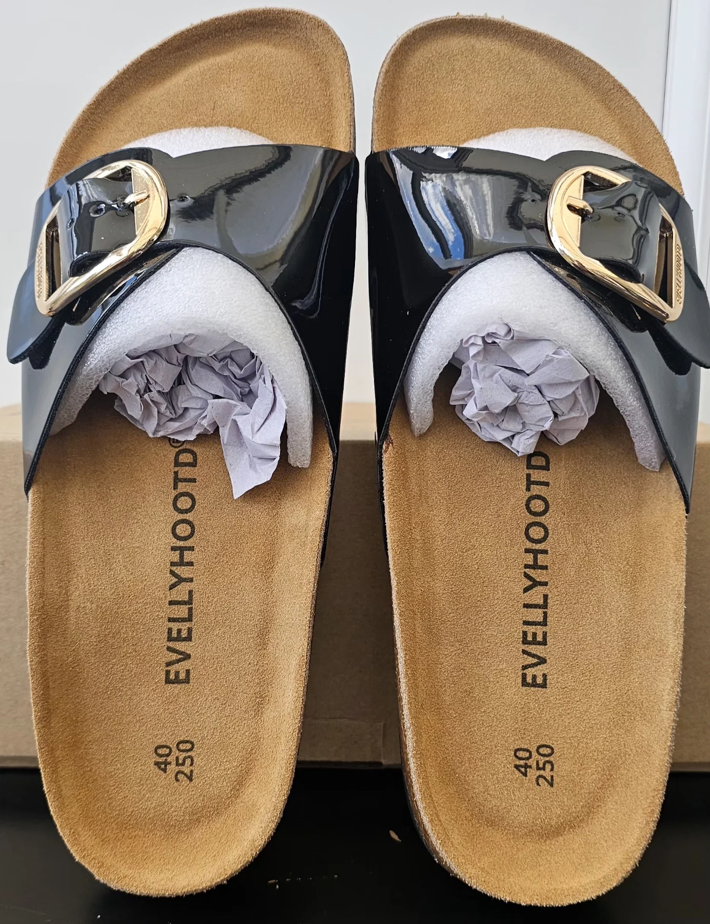 ​Evellyhood Black Gloss Slip-On Cork Footbed Slide Sandals - Size 40 / 250