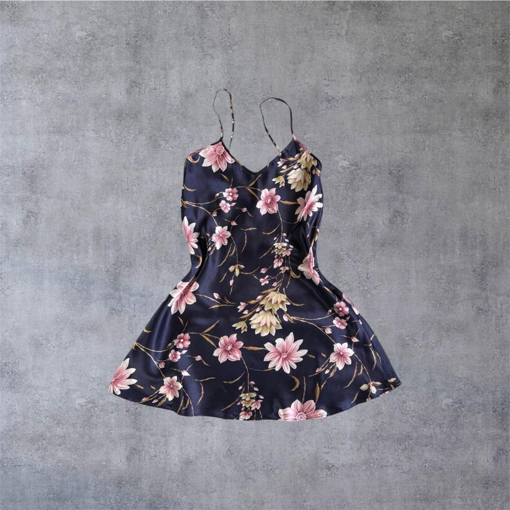 Y2k Navy blue floral print satin slip mini dress