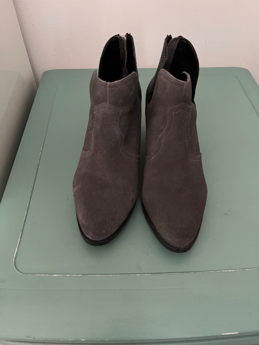 Women Simply Be Grey faux suede boots with snake skin heel and zip size 6