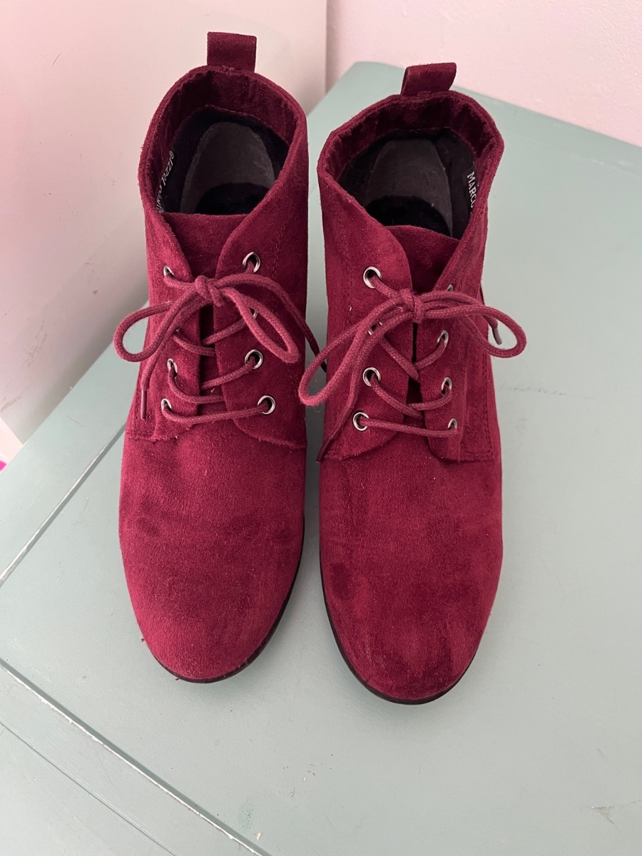Ladies burgandy lace up boot faux suede size Marco Tozzi