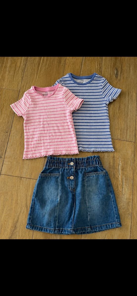 Girls 3 piece outfit 2 M&S Tshirts blue &pink striped age 7/8 Denim skirt age 8y Next