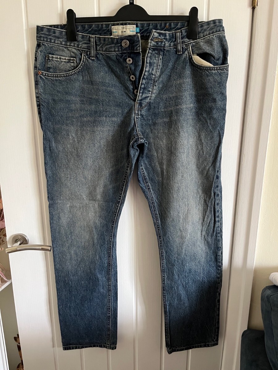 Men’s Next blue denim Jeans button fly  size 38R slim fit leg is 31”