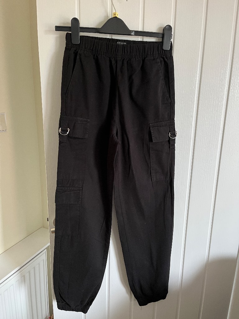 Girls black cargo trousers NEW look has D ring detail age 12y