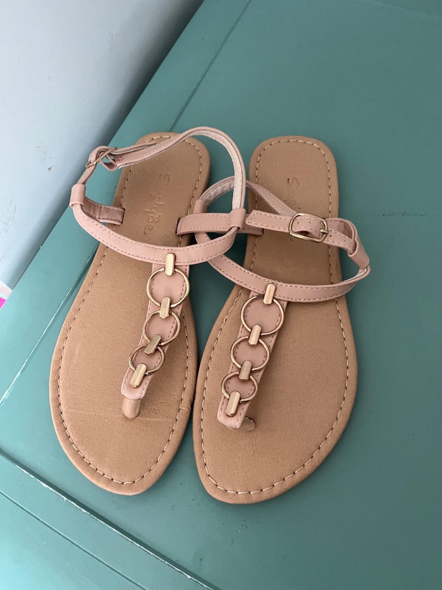 Ladies size 5 pink/beige flat sandals with gold ring detail Simply Be