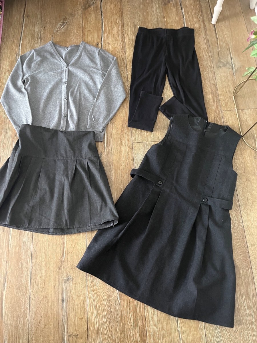 Girls bundle of school uniform grey pinafore cardigan leggings skirt