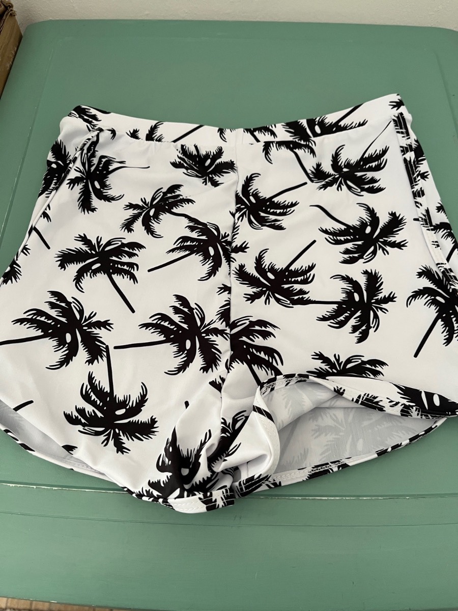 Girls white with black palm tree pattern swim shorts age 15y Shein nwot