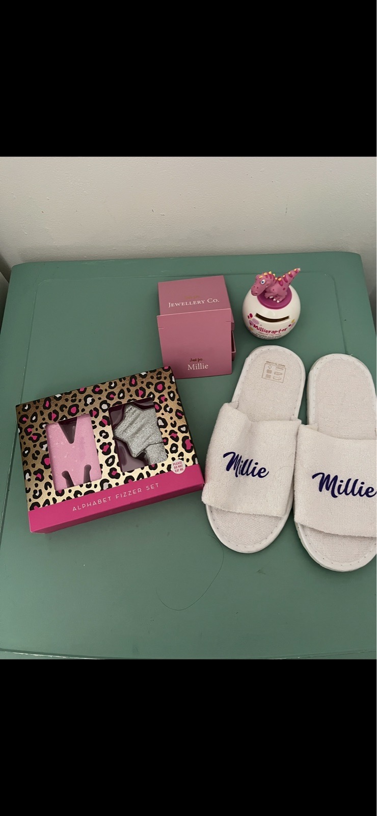 Personalised initial M & Millie money box spa slippers Fizzer set jewellery box