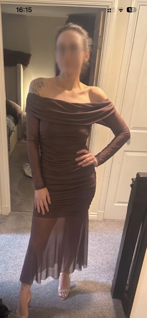 Ladies Pink Boutique runched mesh midi dress with cowl neckline size 8 worn once