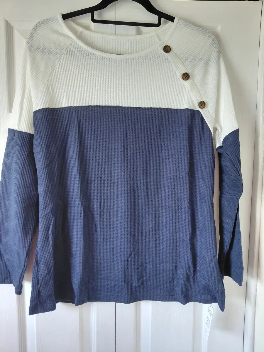Navy white textured long sleeved top size M Uk 12