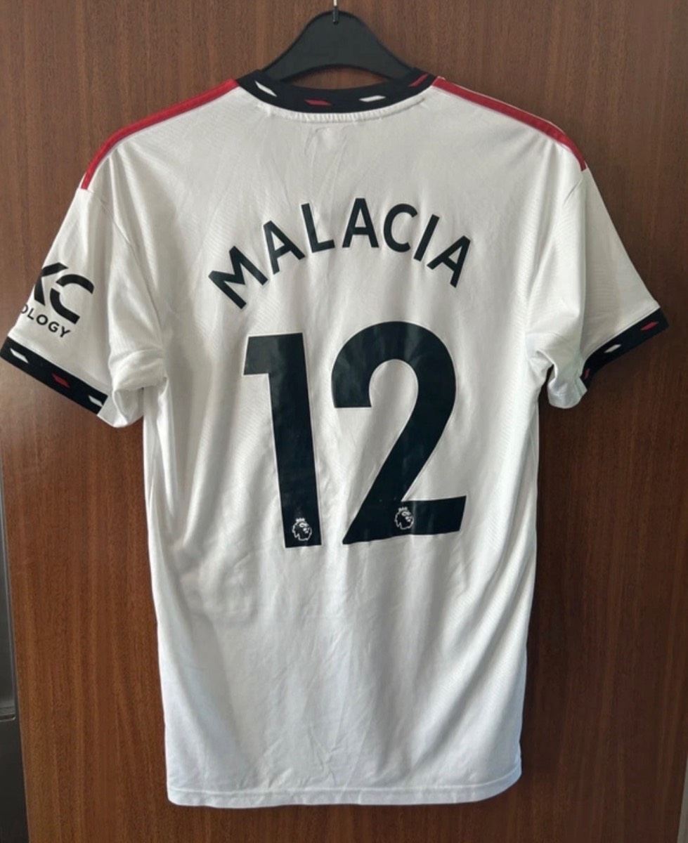 Man Utd 2022 2023 Away Shirt Malacia 12 Adidas White Small Football