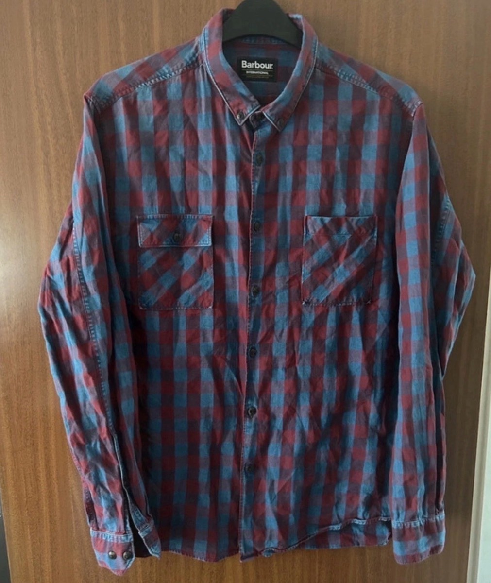 Barbour International Check Shirt Mens Medium Blue Burgundy Long Sleeve Cotton