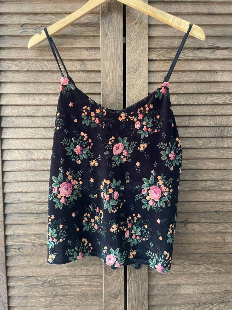 Women’s Velvet Floral Black Summer Top with Flowers Stradivarius Size S