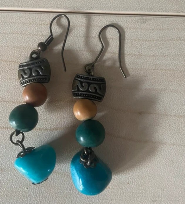 Women’s Turquoise, Grey and Brown Beaded Earrings
