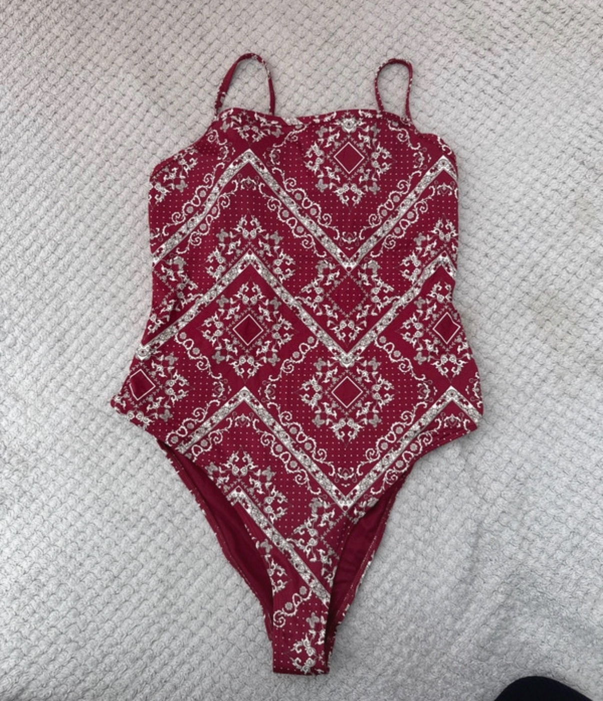 Women’s burgandy patterned swimming costume