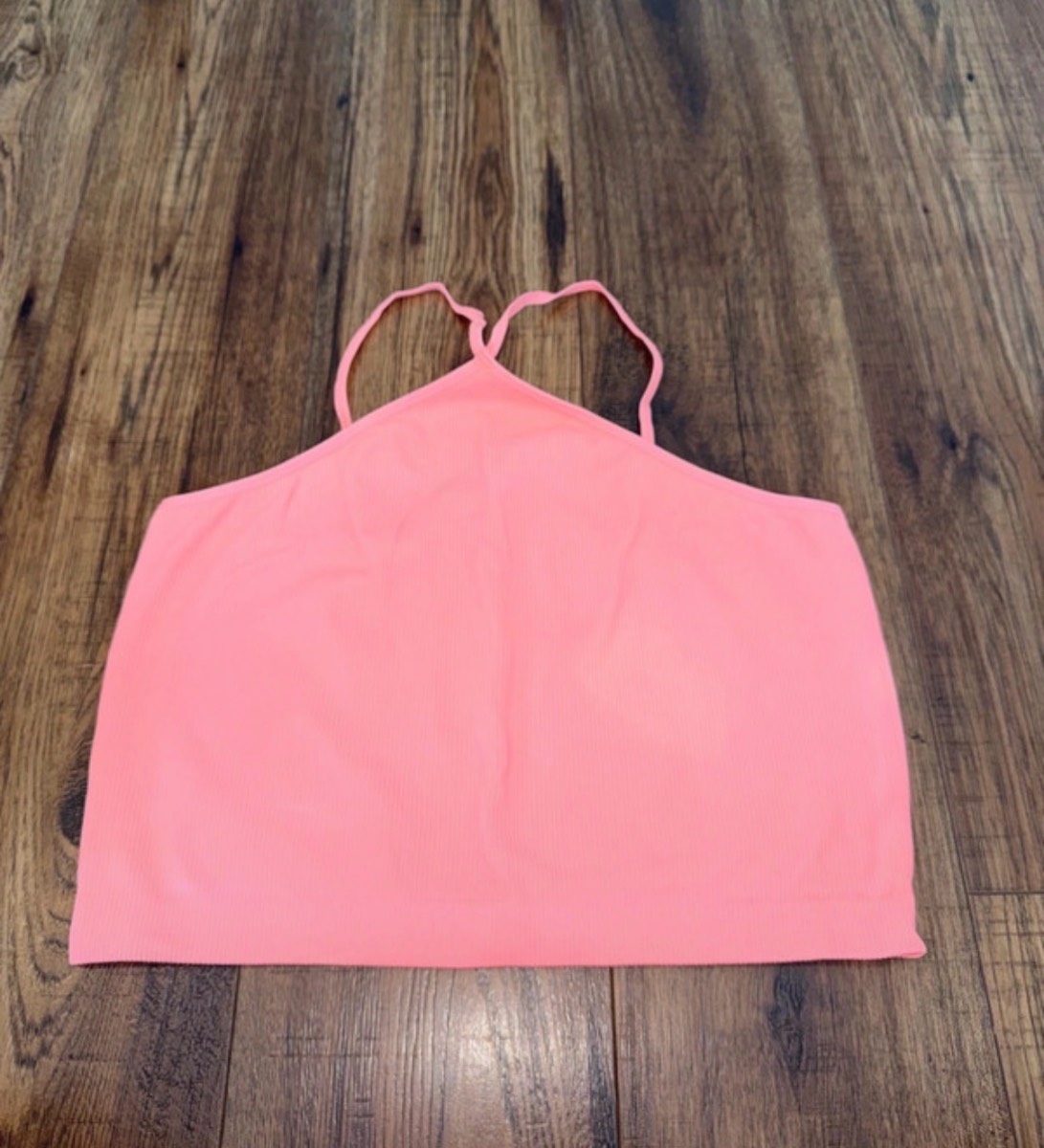 Pink/coral pink cropped top with criss cross front straps