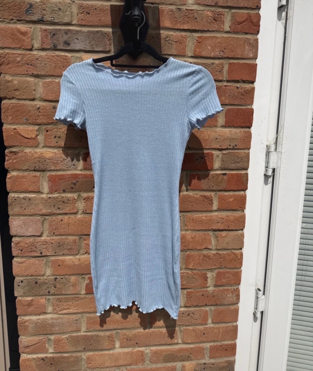 SHEIN ezwear lettuce trim rib-knit bodycon dress/ blue ribbed frilly dress