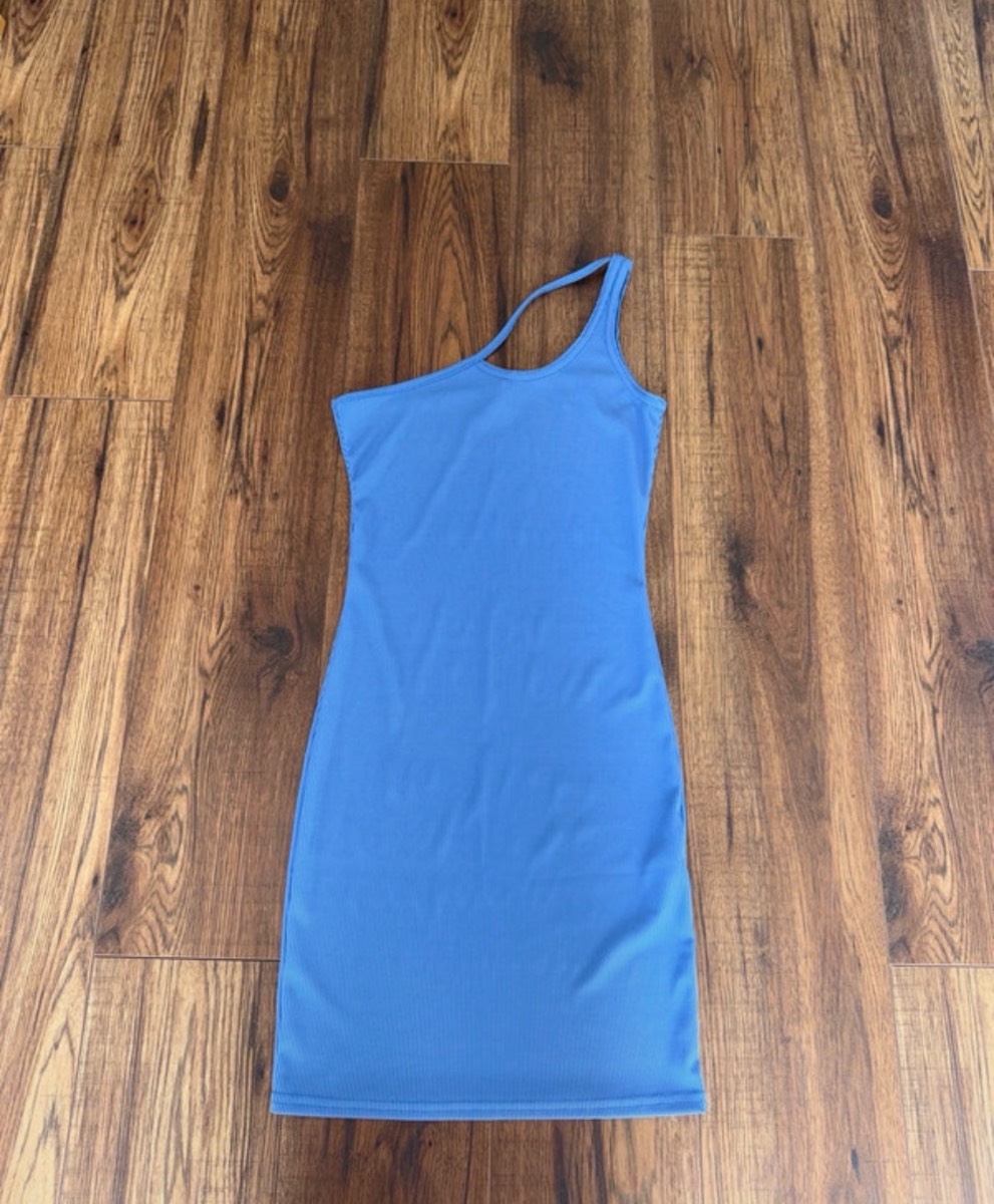 Blue ribbed pretty little thing off the shoulder dress
