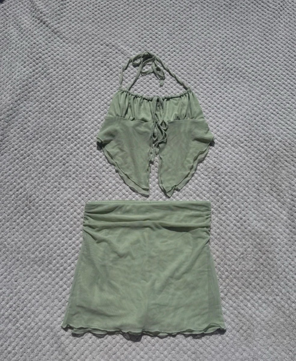 Green open back halter neck co-ord