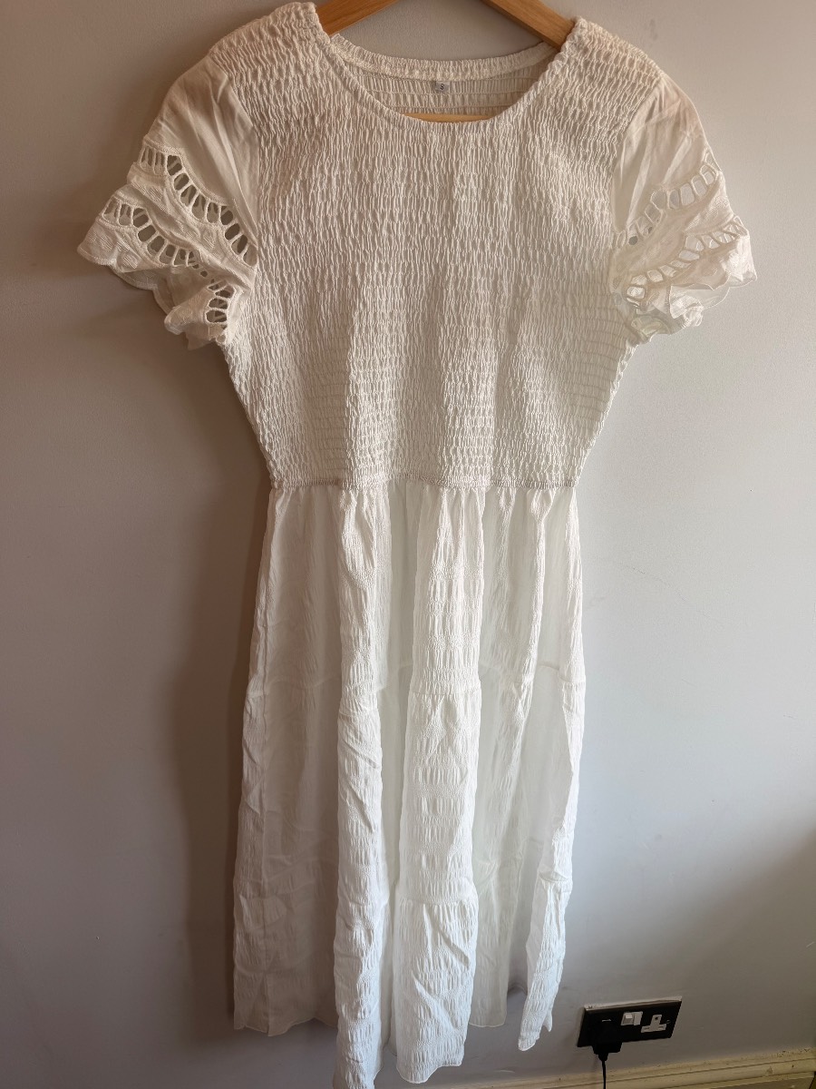 New! White summer midi dress small broderie cottagecore boho floaty