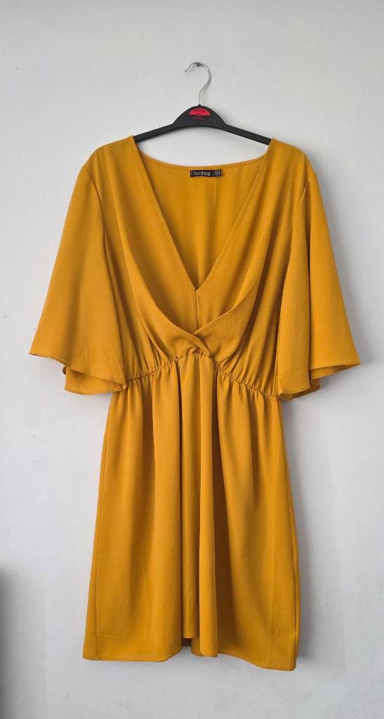 Boohoo Skater Mini Dress - Mustard - Angel Sleeve -Size 18