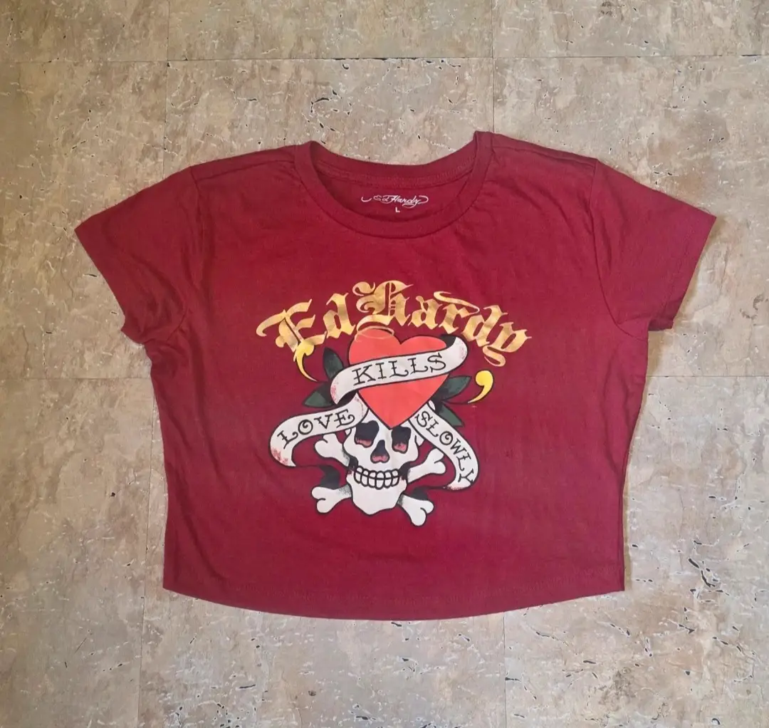 Ed Hardy Baby Tee - Y2K Style - Burgundy/Red - Size L (UK 12)