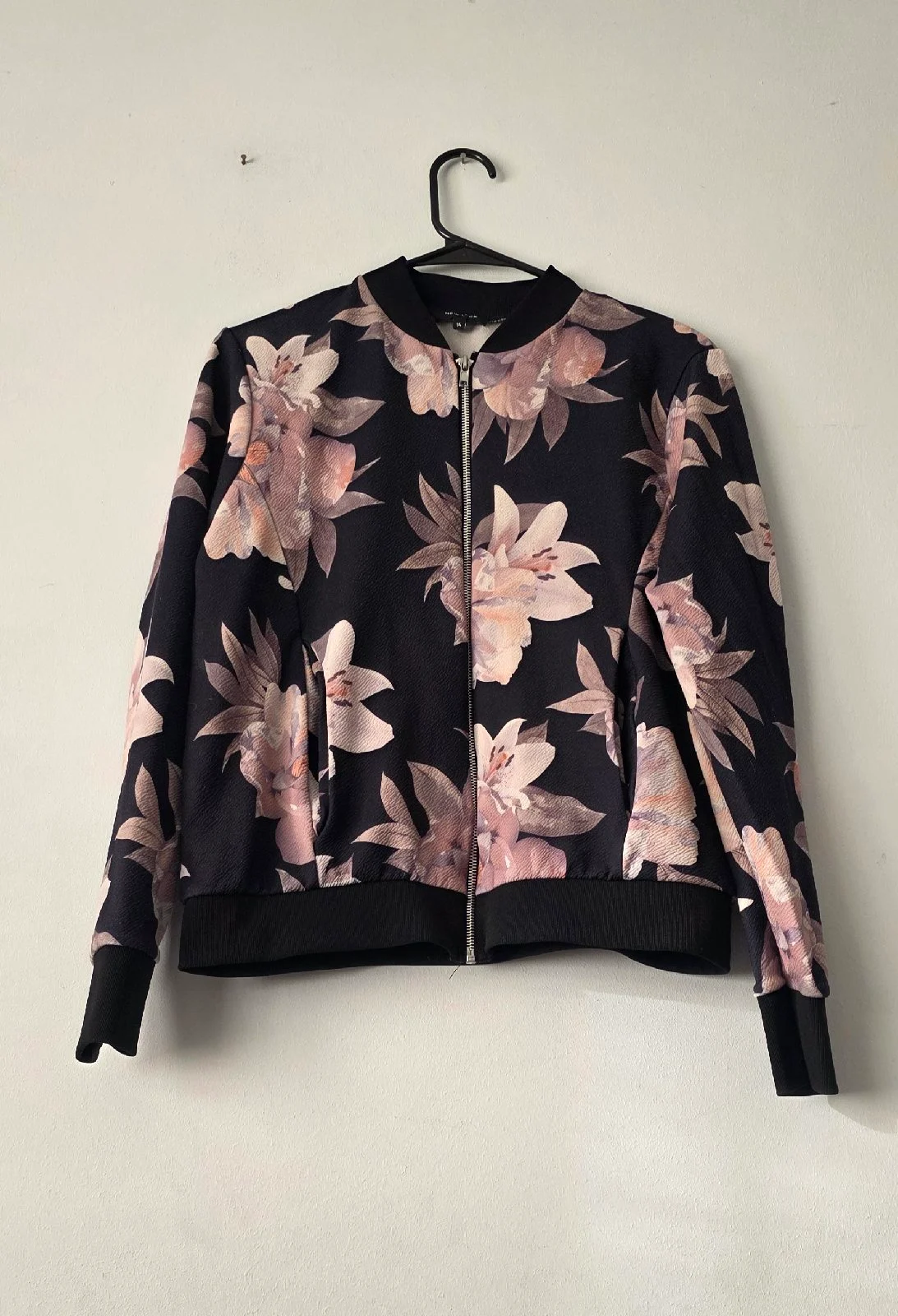 New Look Floral Bomber Jacket - Black and Pink - Lightweight - Size 14