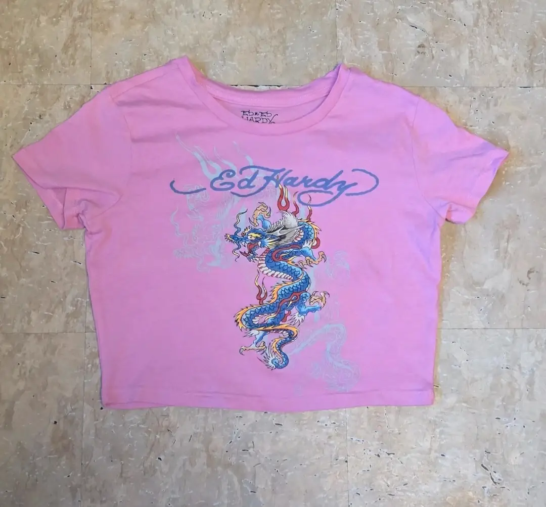Ed Hardy Baby Tee - Pink - Dragon - Y2K Style - Size L (UK