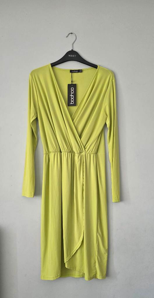 Boohoo Long Sleeved Midi Wrap Style Dress - Lime Green - Size 16